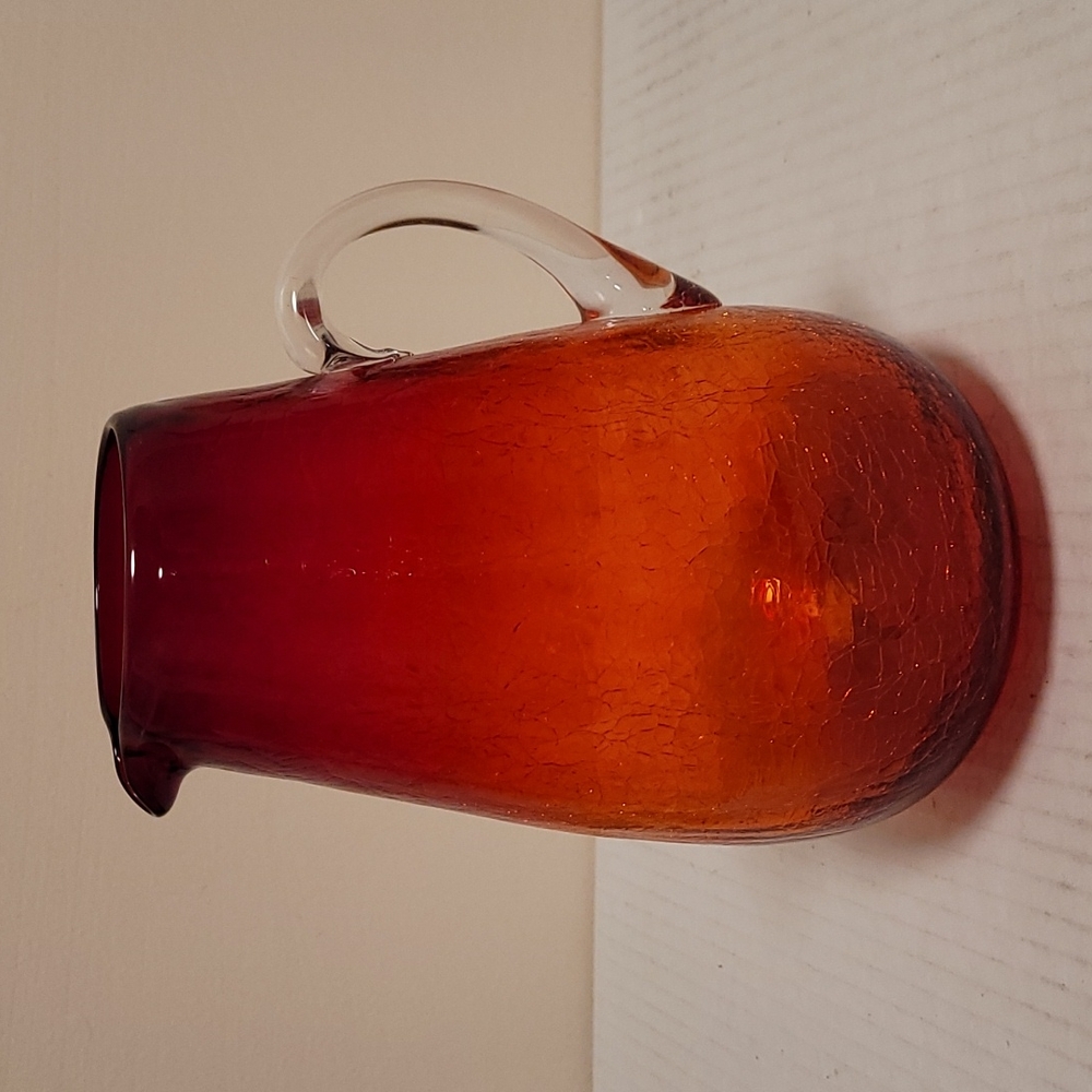 Vintage Hand Blown Ruby Red Crackled Glass Pitcher - Picture 1 of 16